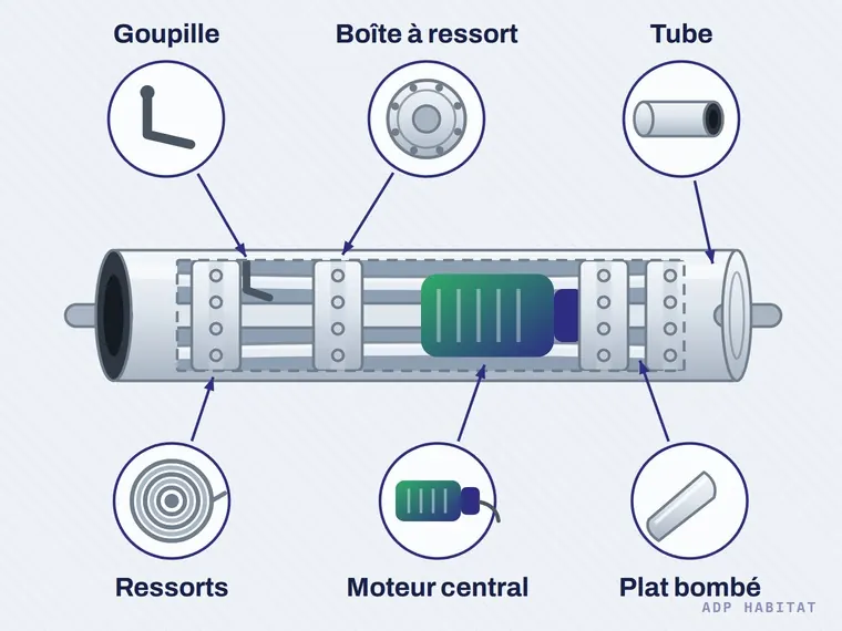 Schéma d'un axe de rideau métallique en coupe : tube d'enroulement, arbre, quatre boîtes à ressort, ressorts plats, plats bombés, goupille et moteur central logé dans le tube