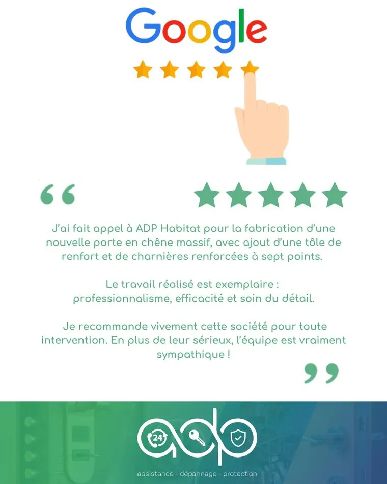 Avis 5 étoiles publié sur Google pour ADP Habitat, serrurier à Lyon